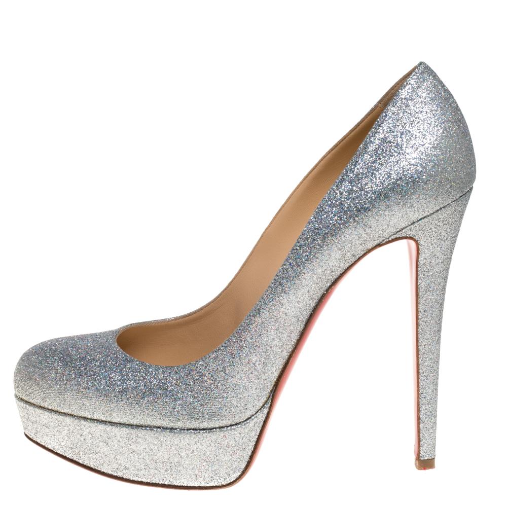 Women's Christian Louboutin Silver Glitter Bianca Pumps Size 40