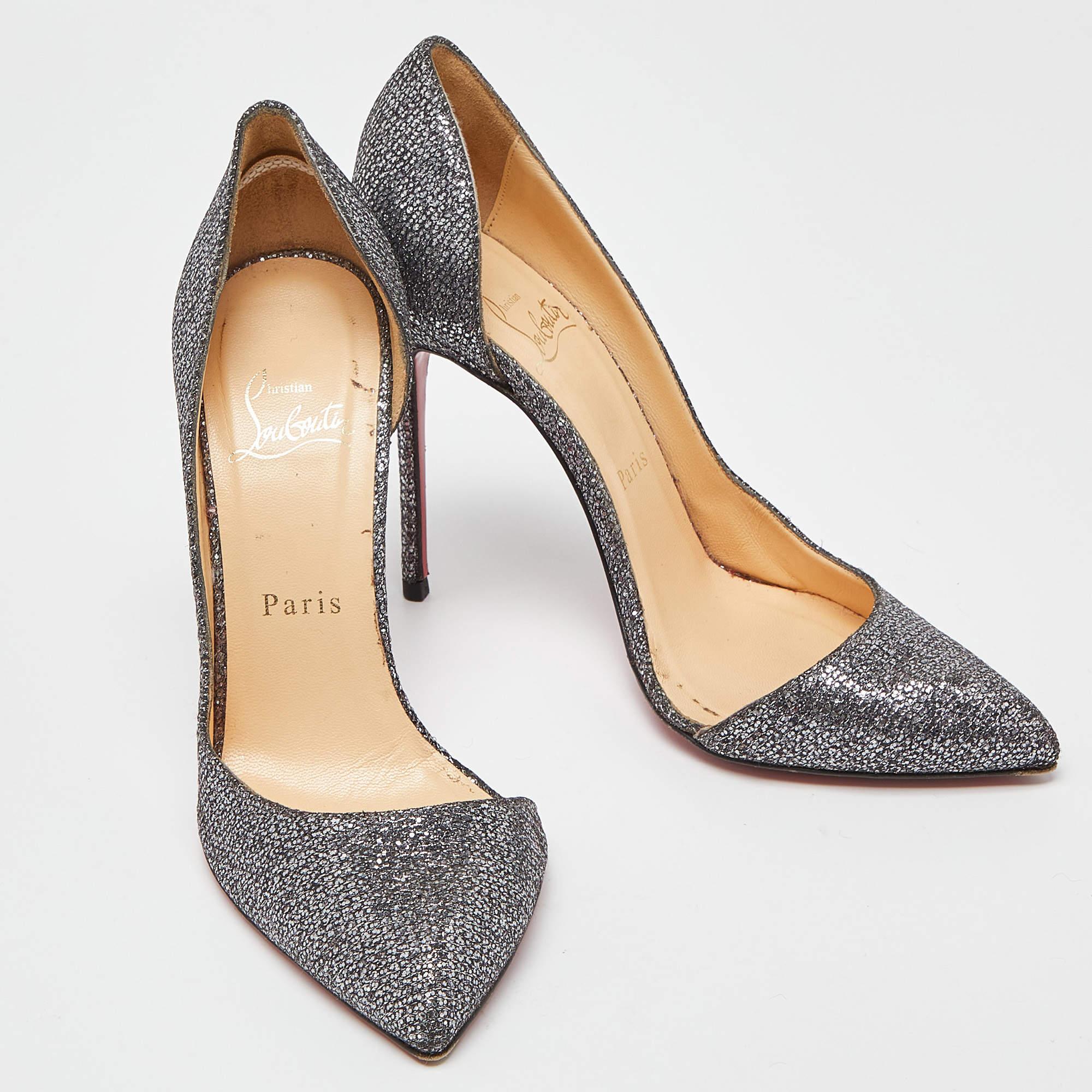 Women's Christian Louboutin Silver Glitter Chiarana 100 Lady D'orsay Pumps Size 37 For Sale