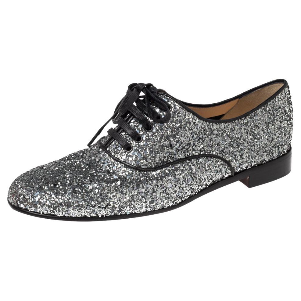 Christian Louboutin Silver Glitter Fred Lace Up Oxfords Size 39.5