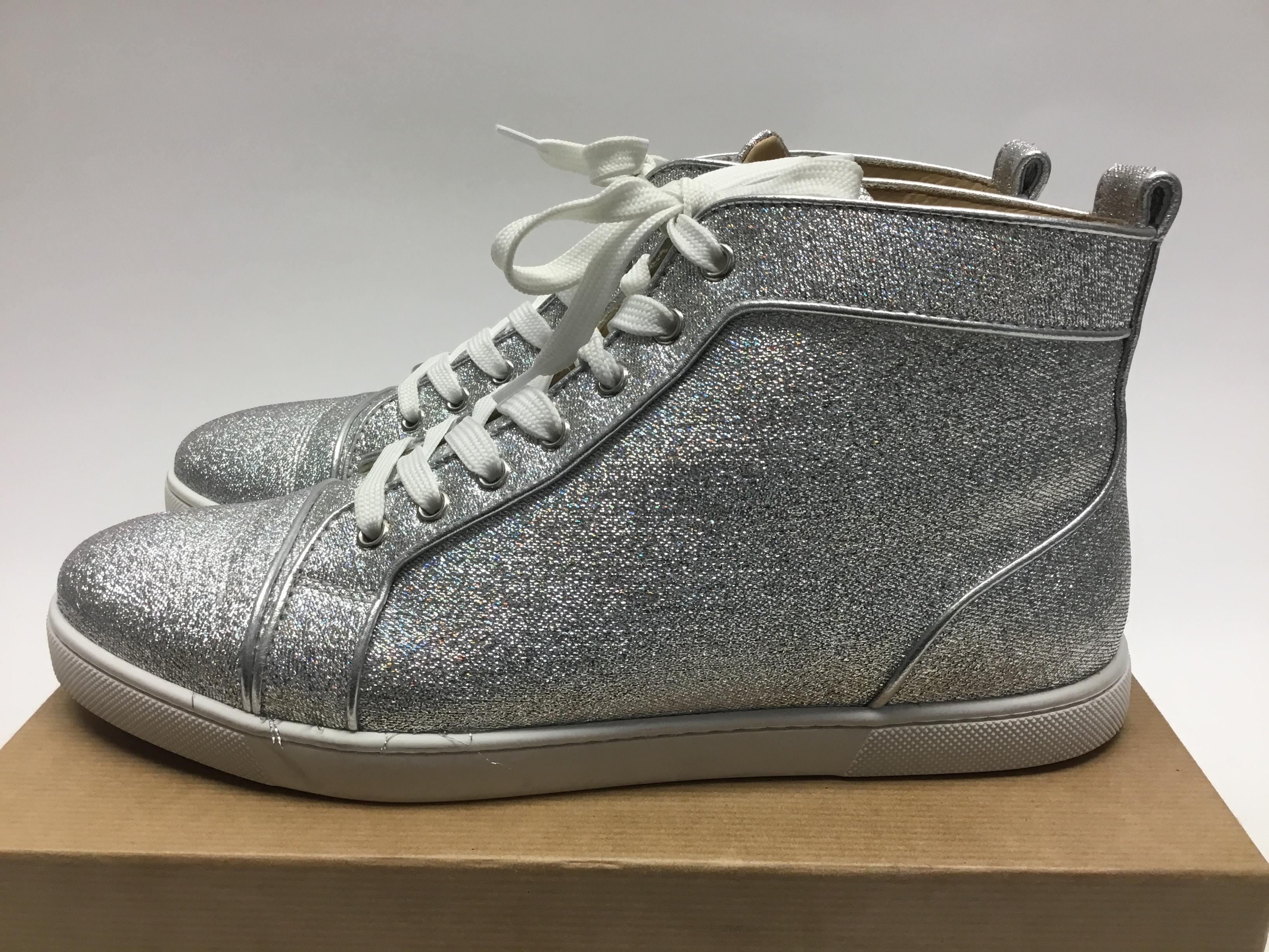 Christian Louboutin Silver Glitter High Top Sneakers In New Condition For Sale In Narberth, PA