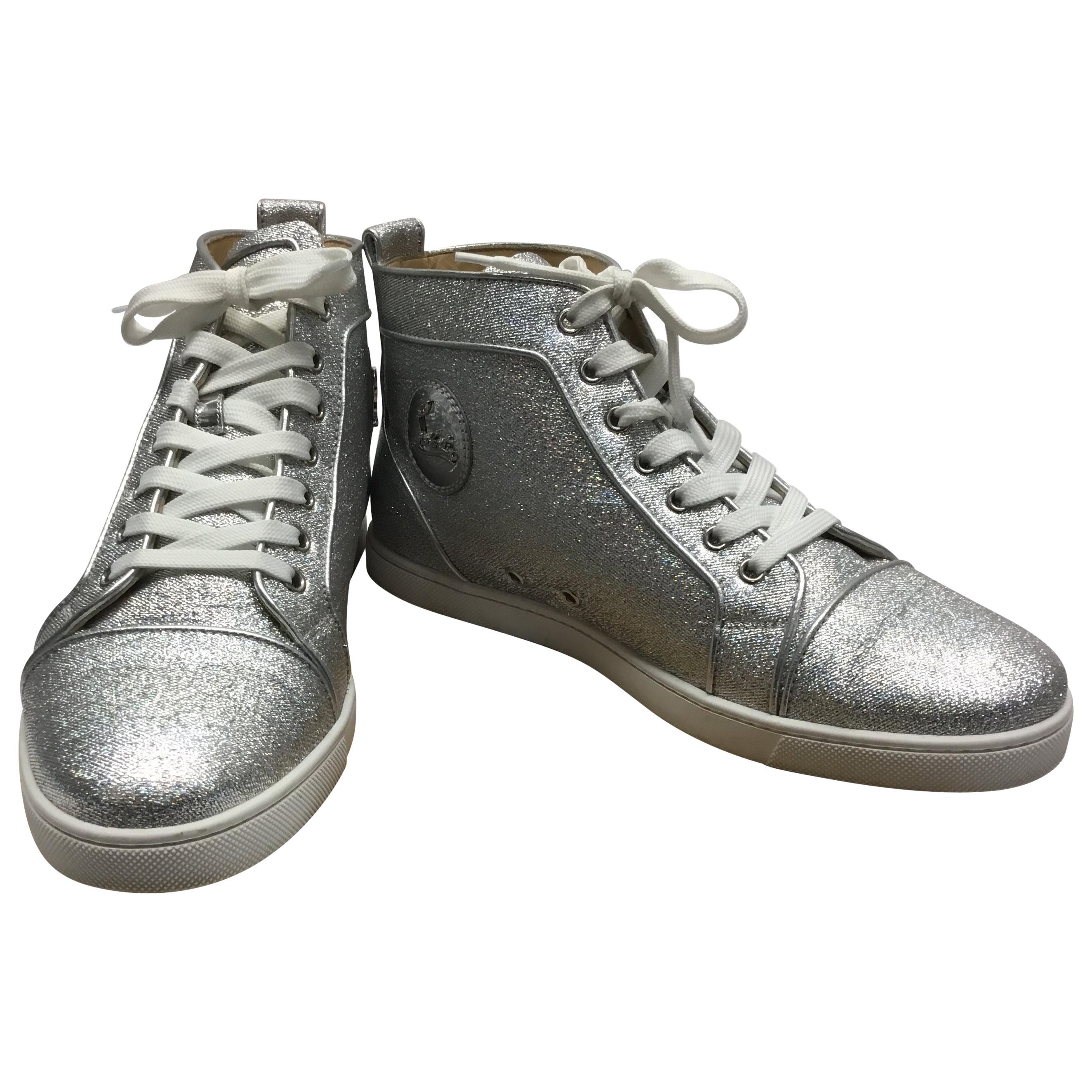 Christian Louboutin Silver Glitter High Top Sneakers For Sale