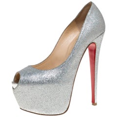 Christian Louboutin Silver Glitter Highness Platform Peep Toe Pumps Size 38