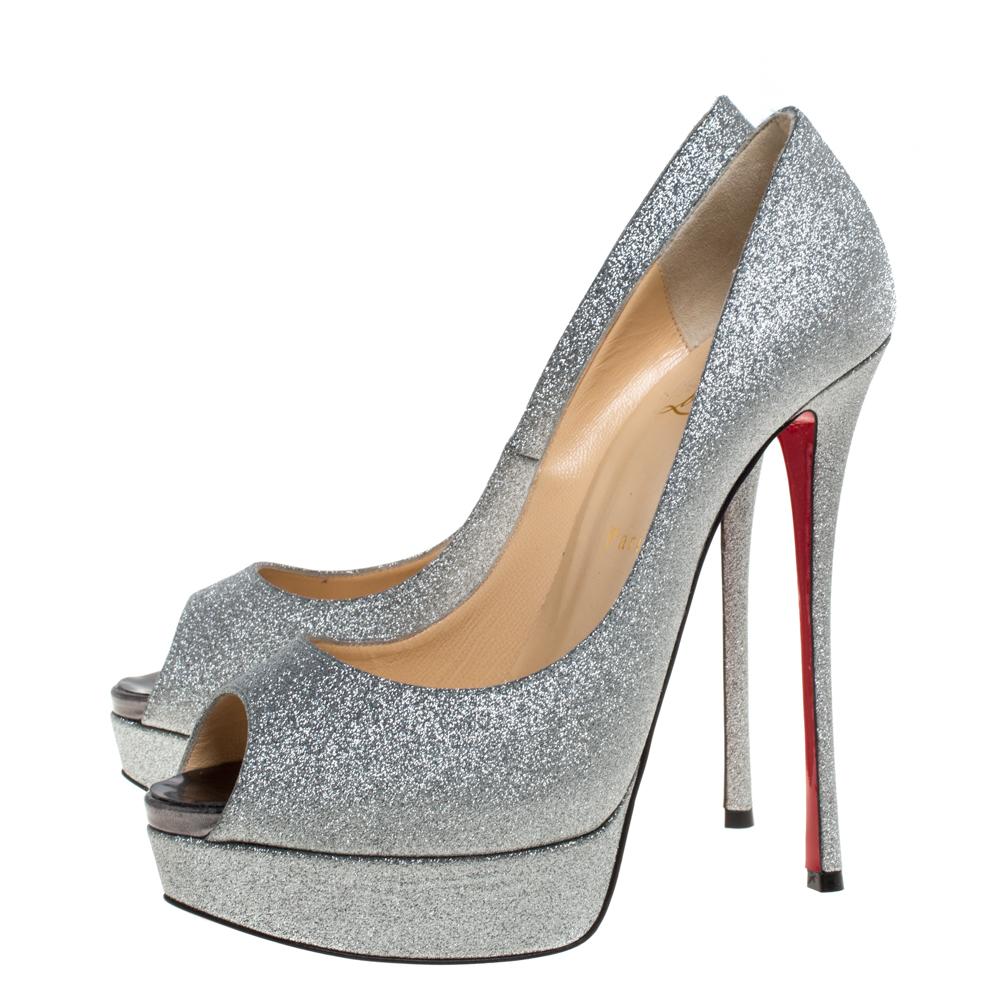 Women's Christian Louboutin Silver Glitter Lady Peep Platform Pumps Size 40