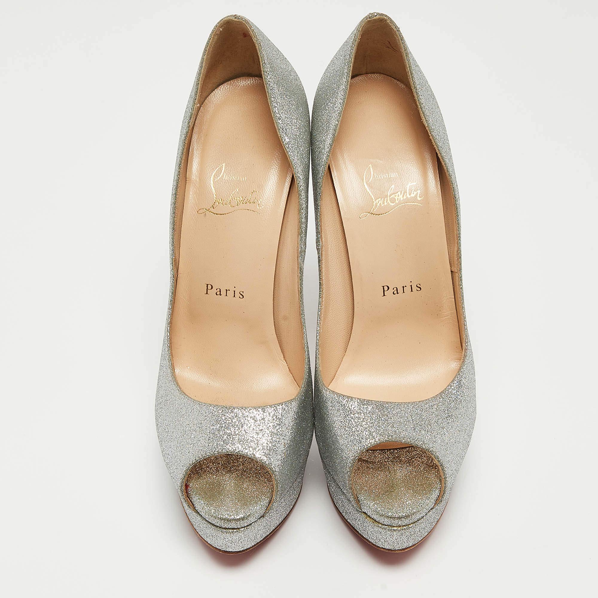 Christian Louboutin Silver Glitter Lady Peep Pumps Size 38.5 In Good Condition In Dubai, Al Qouz 2