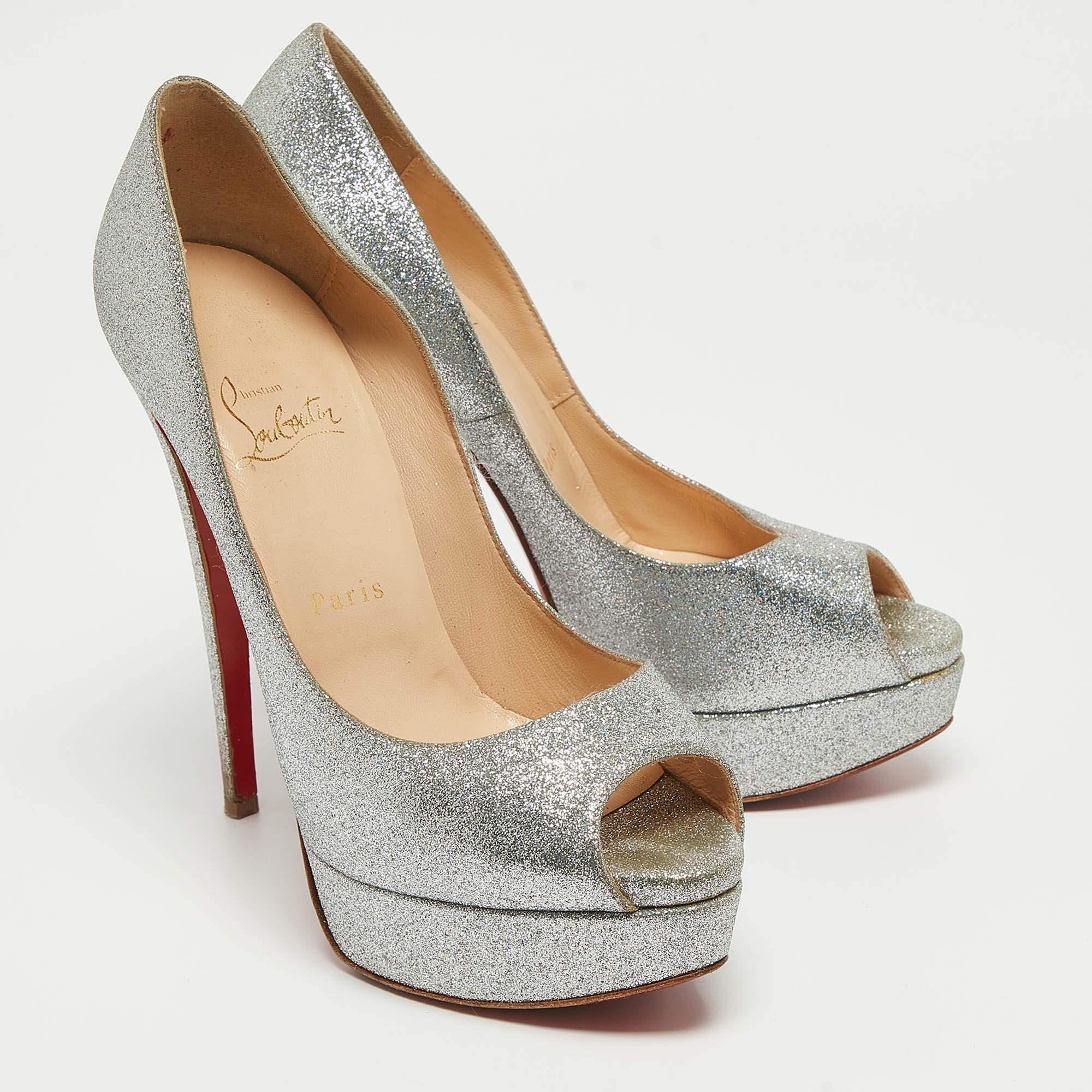 Women's Christian Louboutin Silver Glitter Lady Peep Pumps Size 38.5