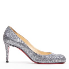CHRISTIAN LOUBOUTIN silver glitter round toe simple mid heel pump EU36