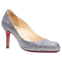 CHRISTIAN LOUBOUTIN silver glitter round toe simple mid heel pump EU36