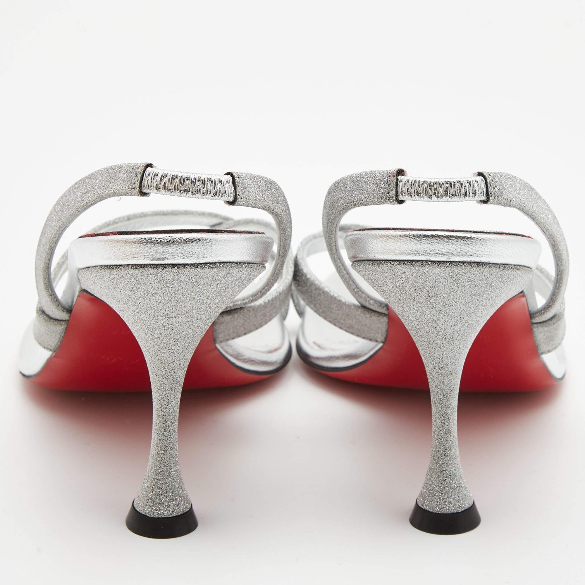 Christian Louboutin Silver Glitter Slingback Sandals Size 37 In New Condition In Dubai, Al Qouz 2
