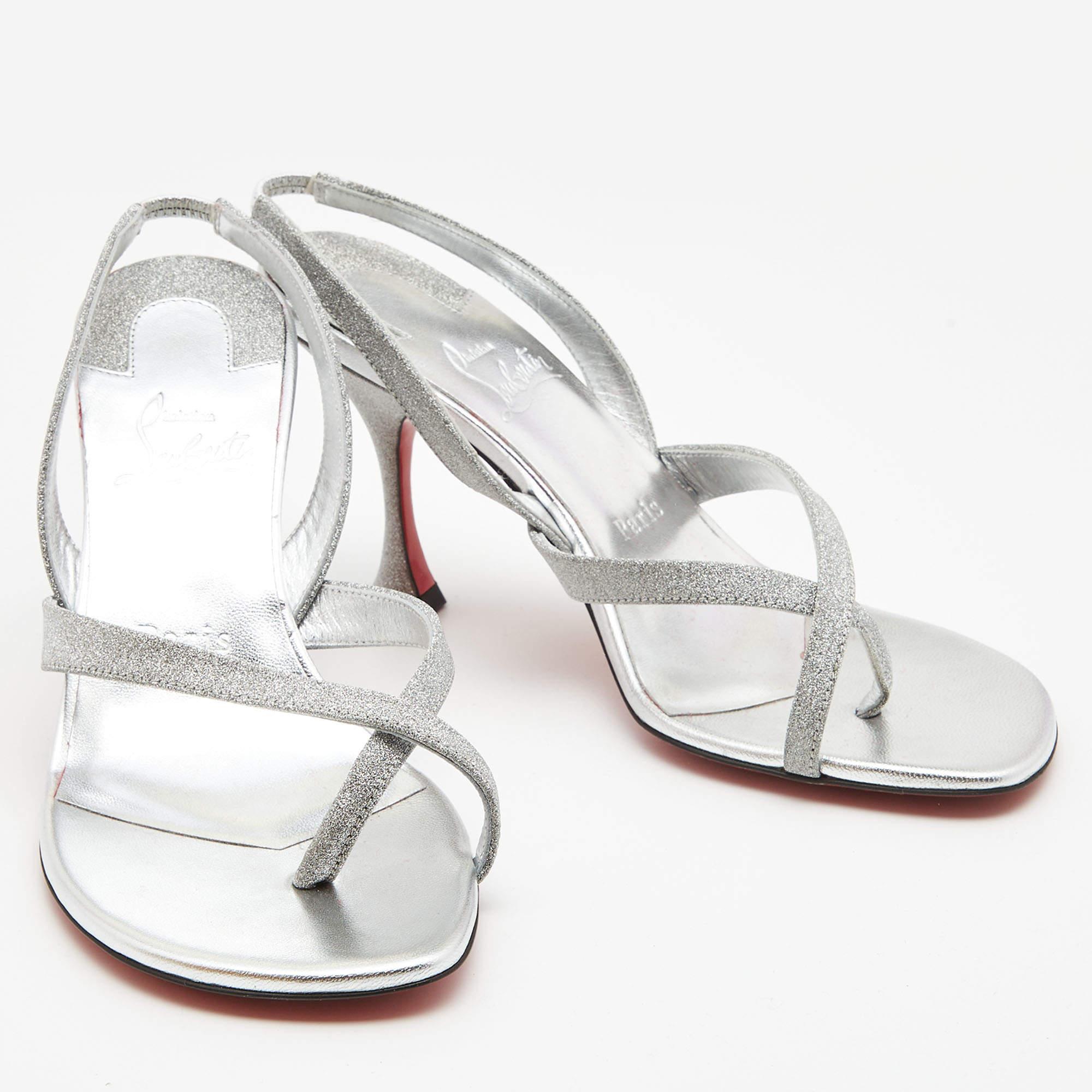 Women's Christian Louboutin Silver Glitter Slingback Sandals Size 37