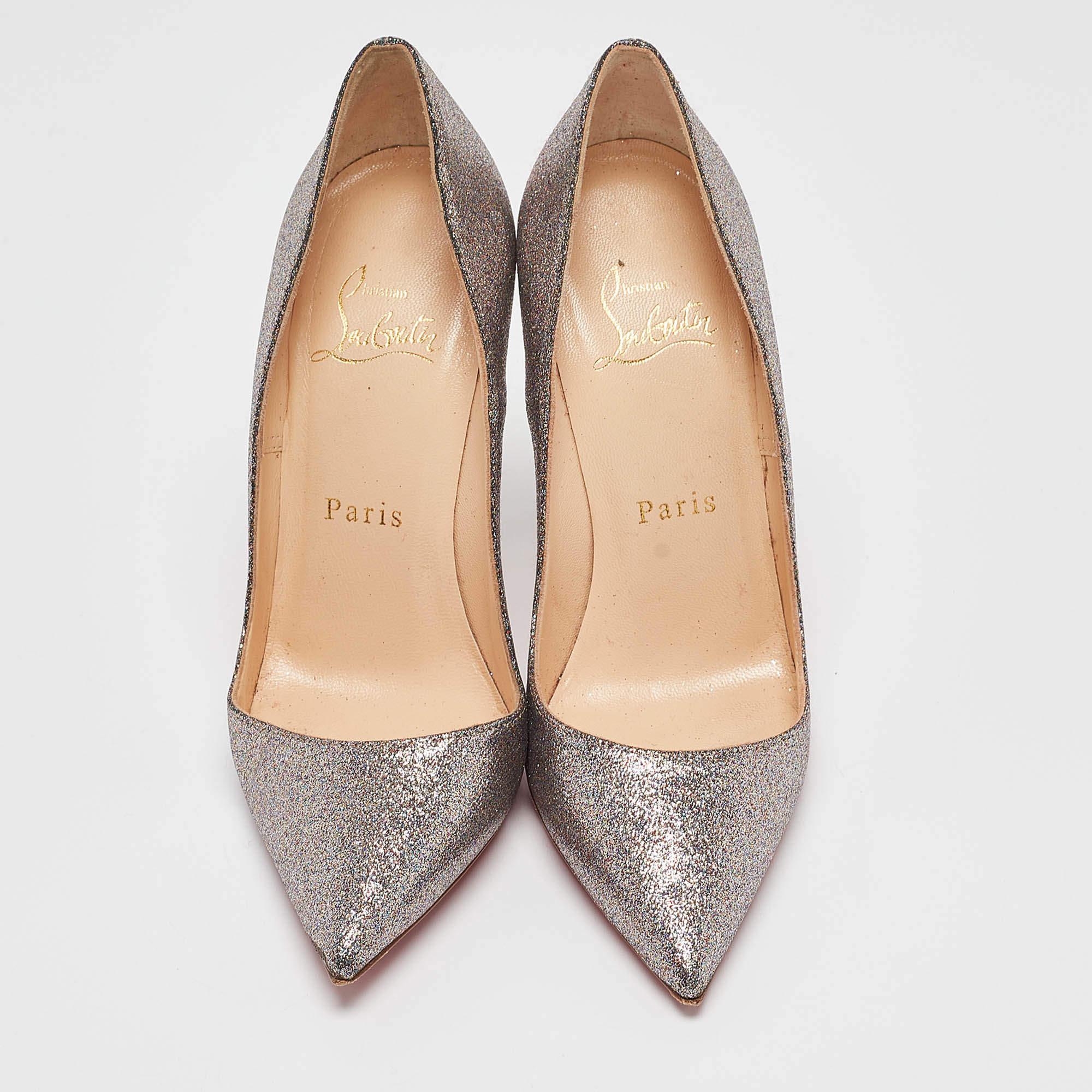 Brown Christian Louboutin Silver Glitter So Kate Pumps Size 35