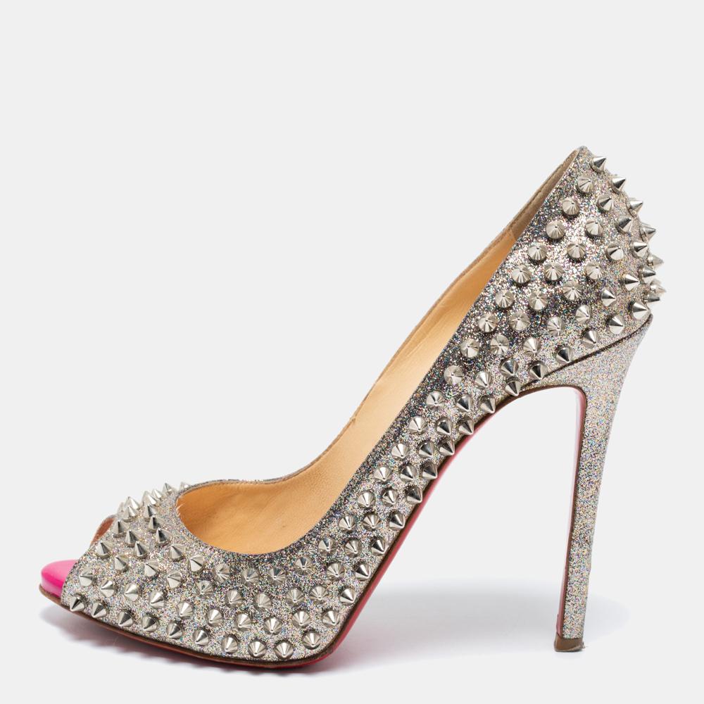 Christian Louboutin Silver Glitter Spike Embellished  Peep Toe Pumps Size 40.5 2