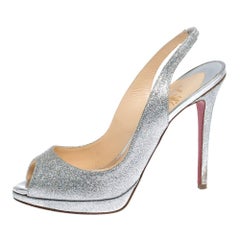 Christian Louboutin Silver Glittered Peep Toe Platform Sandals Size 39