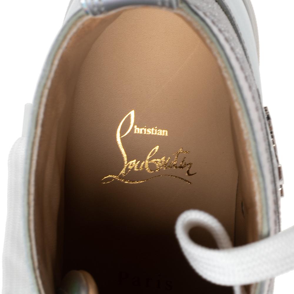 Christian Louboutin Silver Iridescent Effect Leather Lou Spikes Sneakers Size 37 In New Condition In Dubai, Al Qouz 2