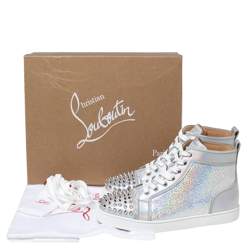 Christian Louboutin Silver Iridescent Effect Leather Lou Spikes Sneakers Size 37 2