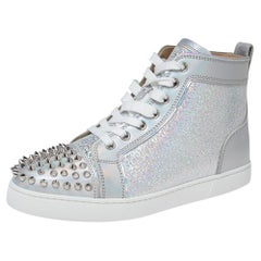 Christian Louboutin Silver Iridescent Effect Leather Lou Spikes Sneakers Size 37