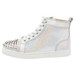 Christian Louboutin Silver Iridescent Effect Leather Lou Spikes Sneakers Size 37