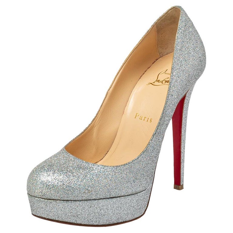 Christian Louboutin So Pretty Patent Glitter Suede Silver Pump Heels Size 42