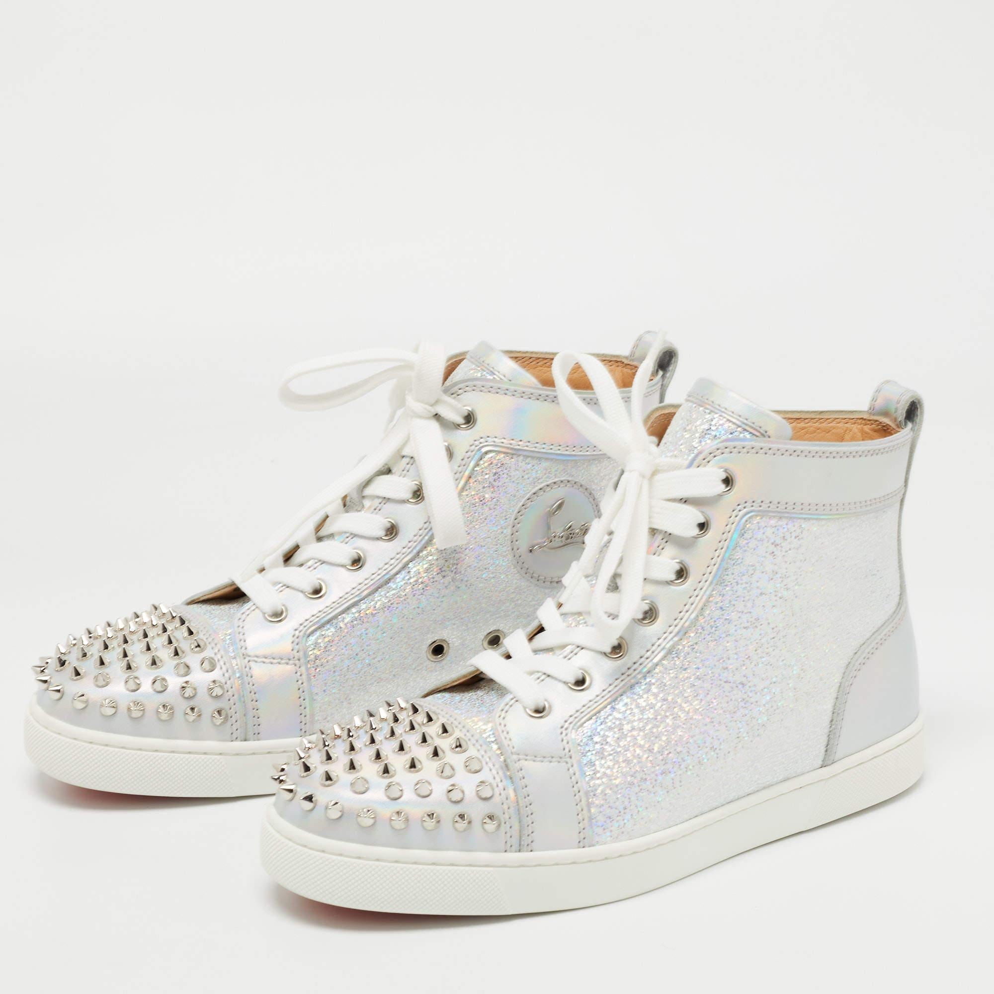 Women's Christian Louboutin Silver Laminated Suede and Leather Lou Spikes High Top Sneak