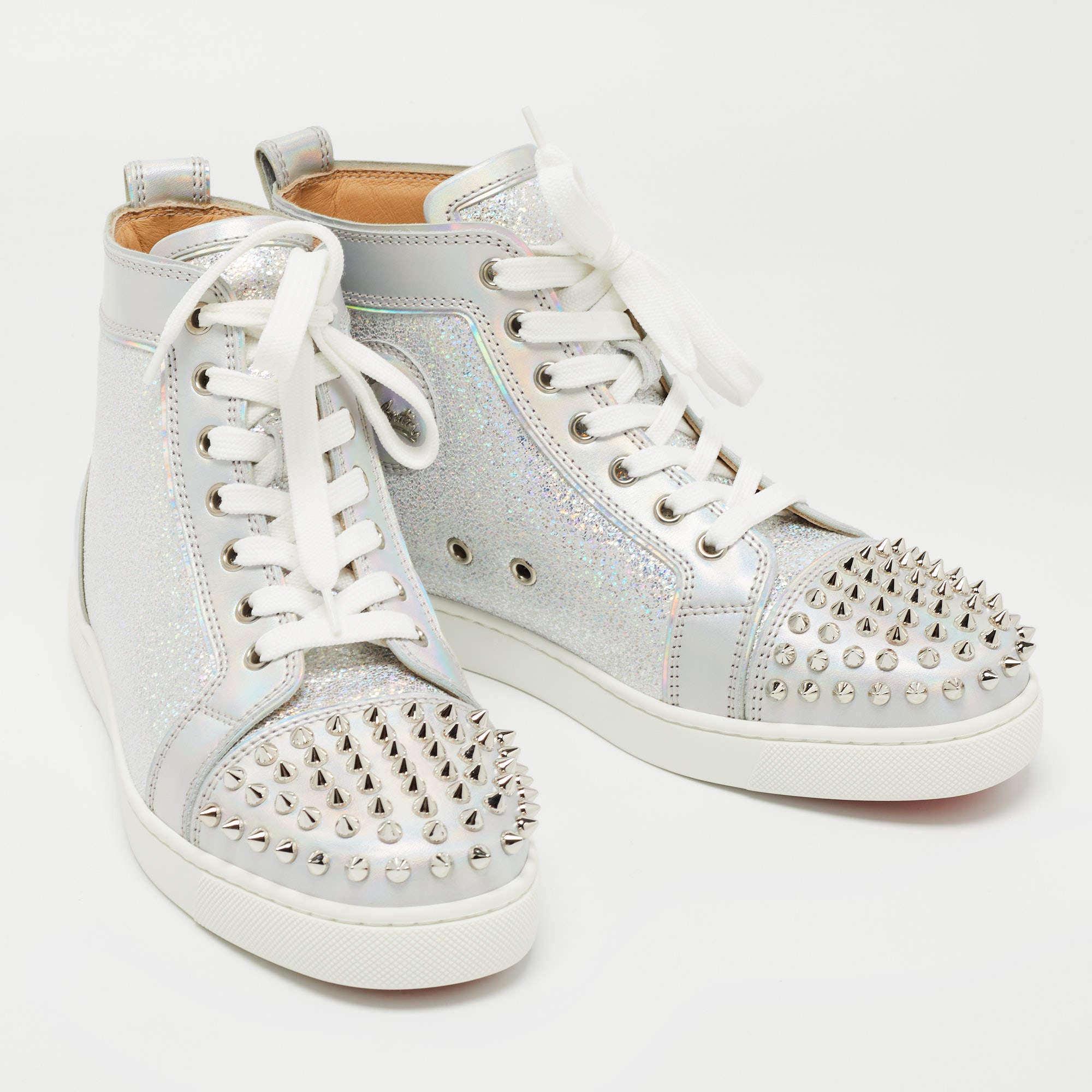 Christian Louboutin Silver Laminated Suede and Leather Lou Spikes High Top Sneak 1