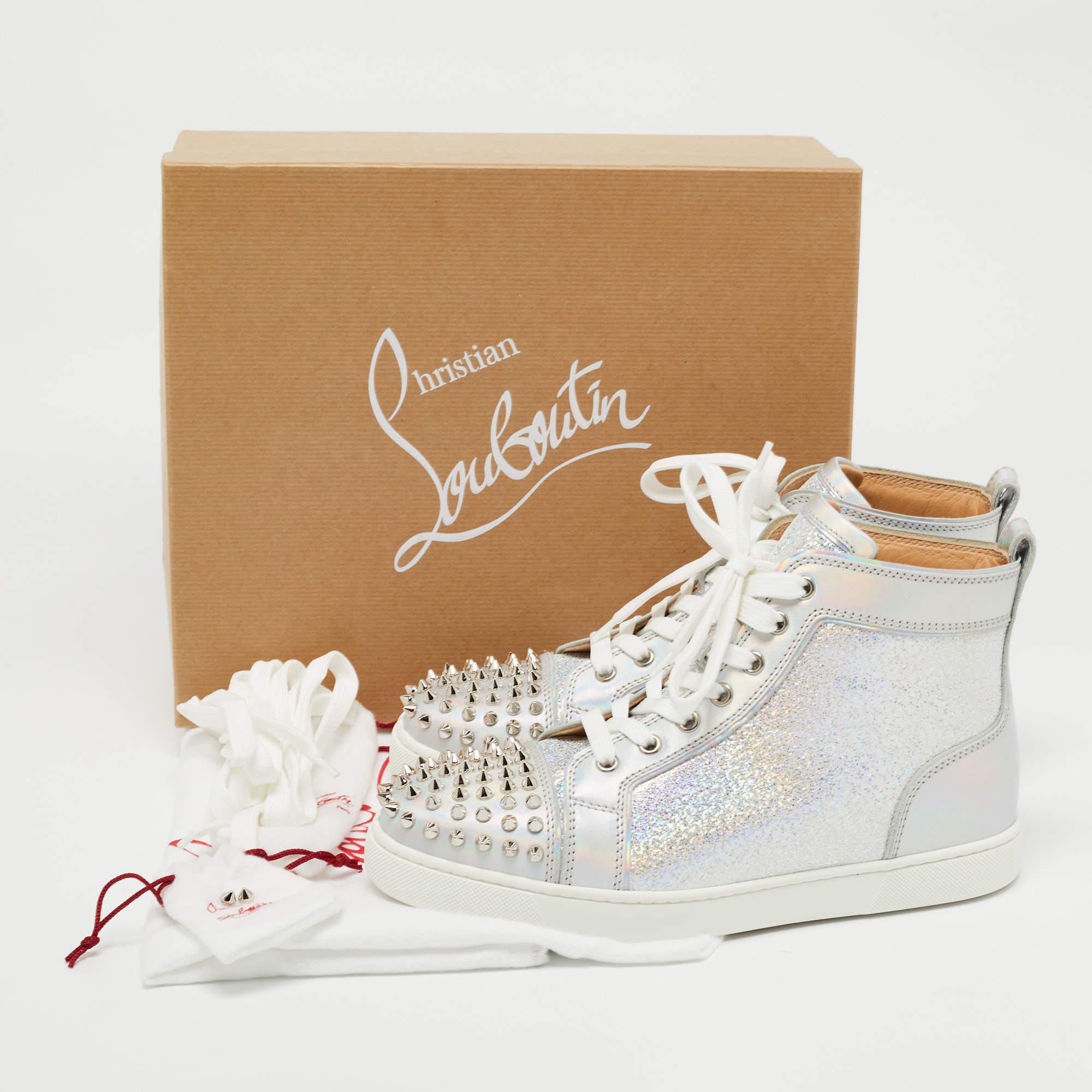 Christian Louboutin Silver Laminated Suede and Leather Lou Spikes High Top Sneak 3