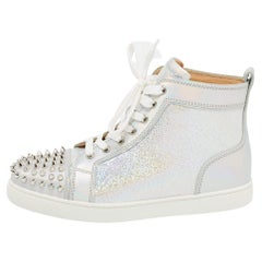 Christian Louboutin Silver Laminated Suede and Leather Lou Spikes High Top Sneak