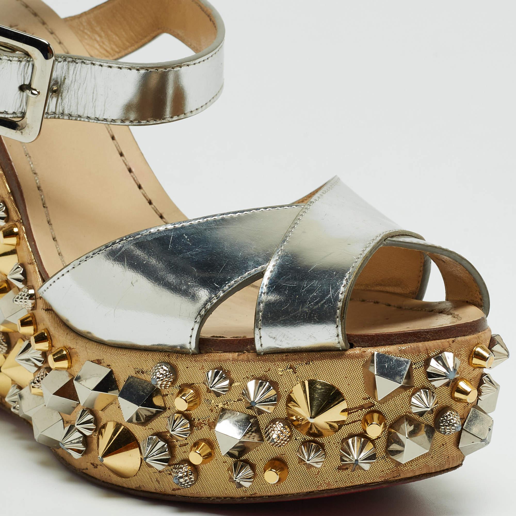 Christian Louboutin Silver Leather Almeria Wedge Sandals Size 37 For Sale 1