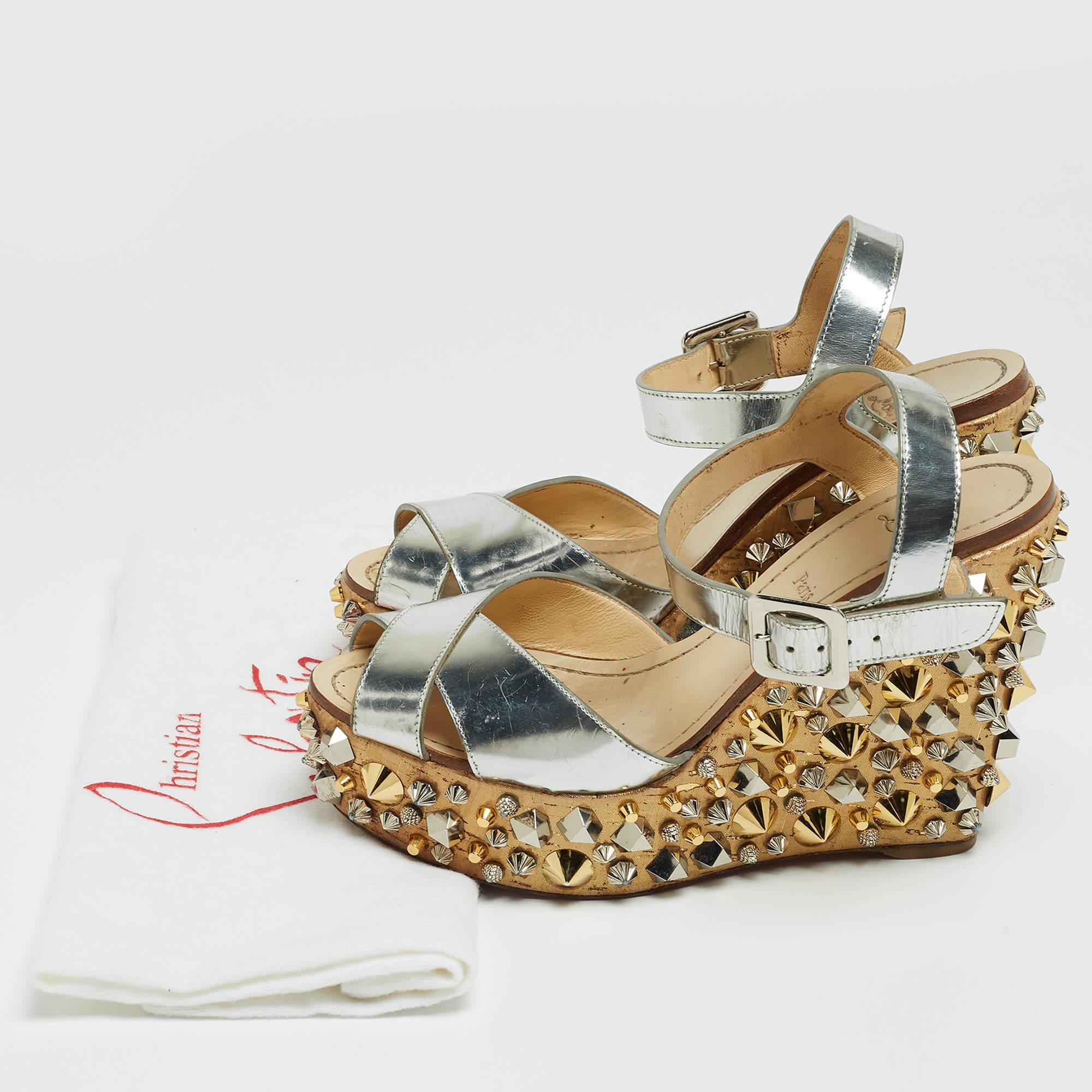 Christian Louboutin Silver Leather Almeria Wedge Sandals Size 37 For Sale 5
