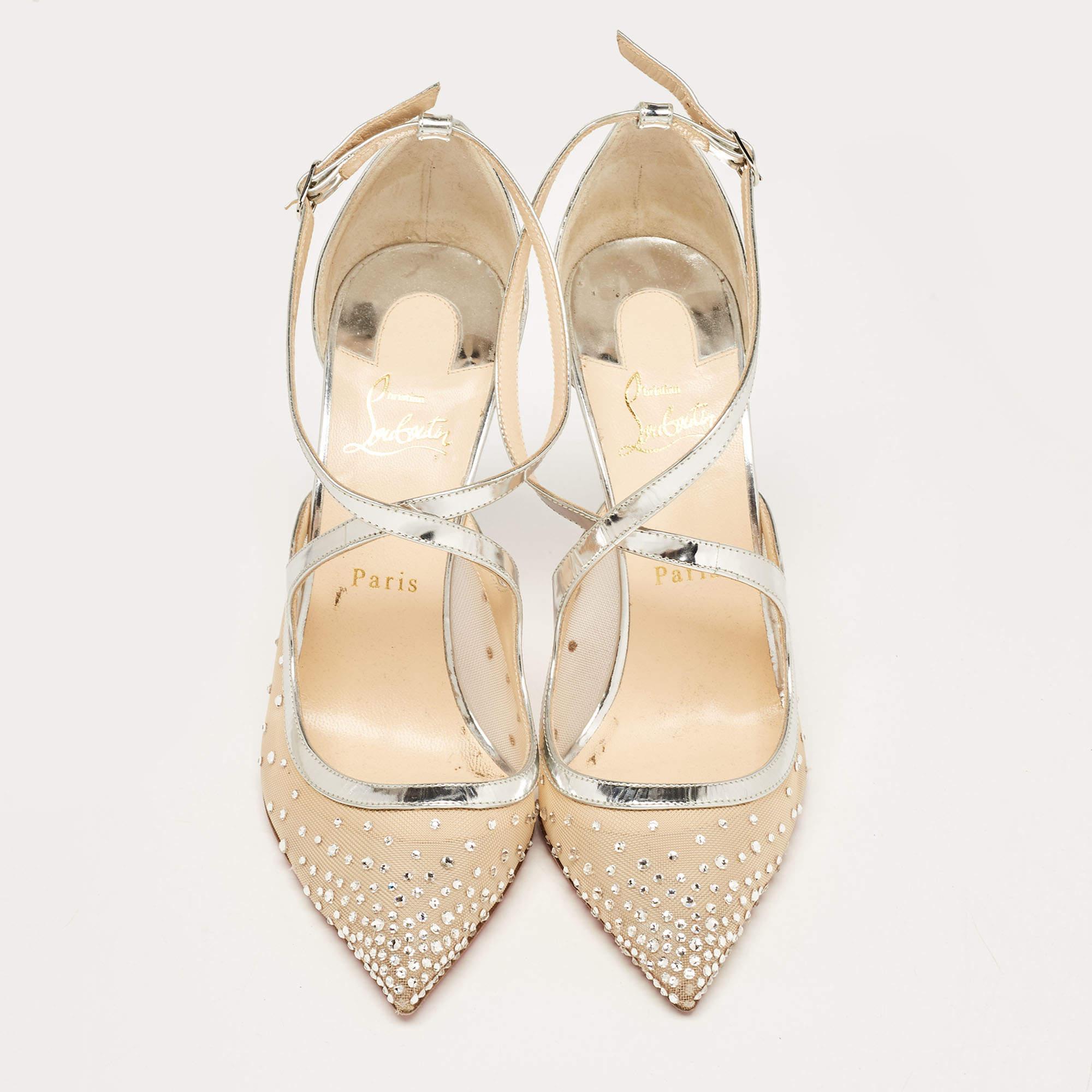 Women's Christian Louboutin Silver Leather and Mesh Twistissima Strass Pumps Size 40.5 For Sale