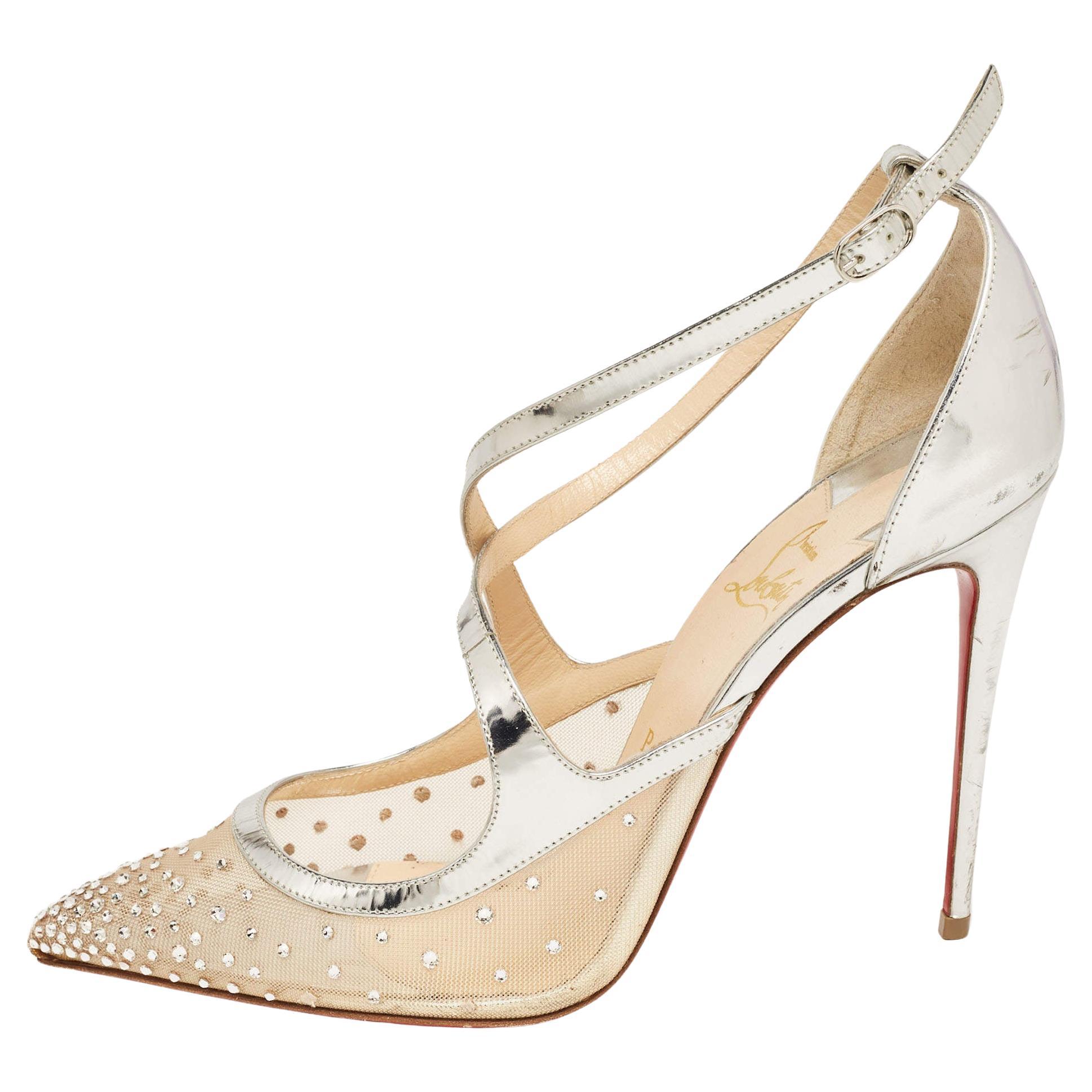 Christian Louboutin Silver Leather and Mesh Twistissima Strass Pumps Size 40.5 For Sale