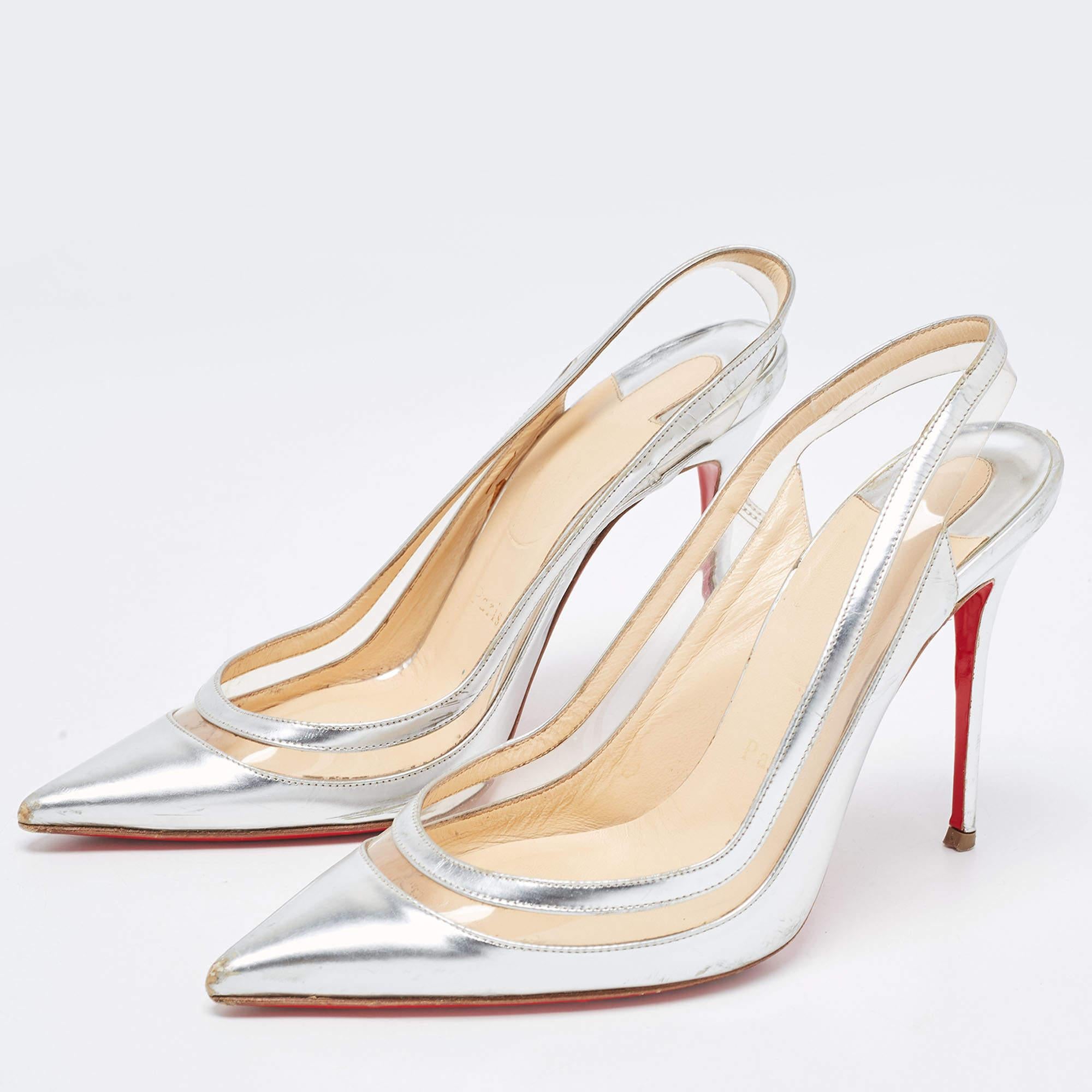 Beige Christian Louboutin Silver Leather and PVC Paulina Slingback Pumps Size 37.5 For Sale