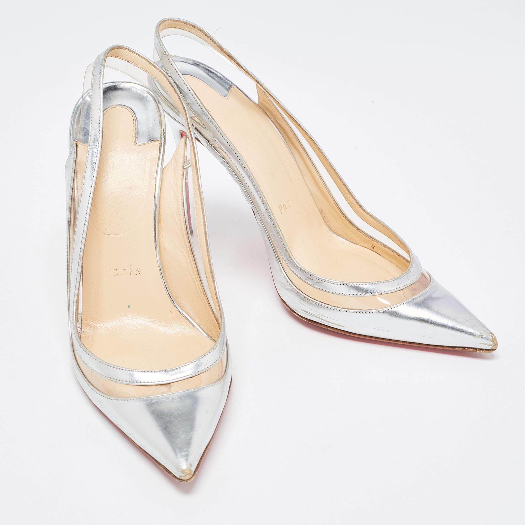 Christian Louboutin Silver Leather and PVC Paulina Slingback Pumps Size 37.5 In Good Condition For Sale In Dubai, Al Qouz 2