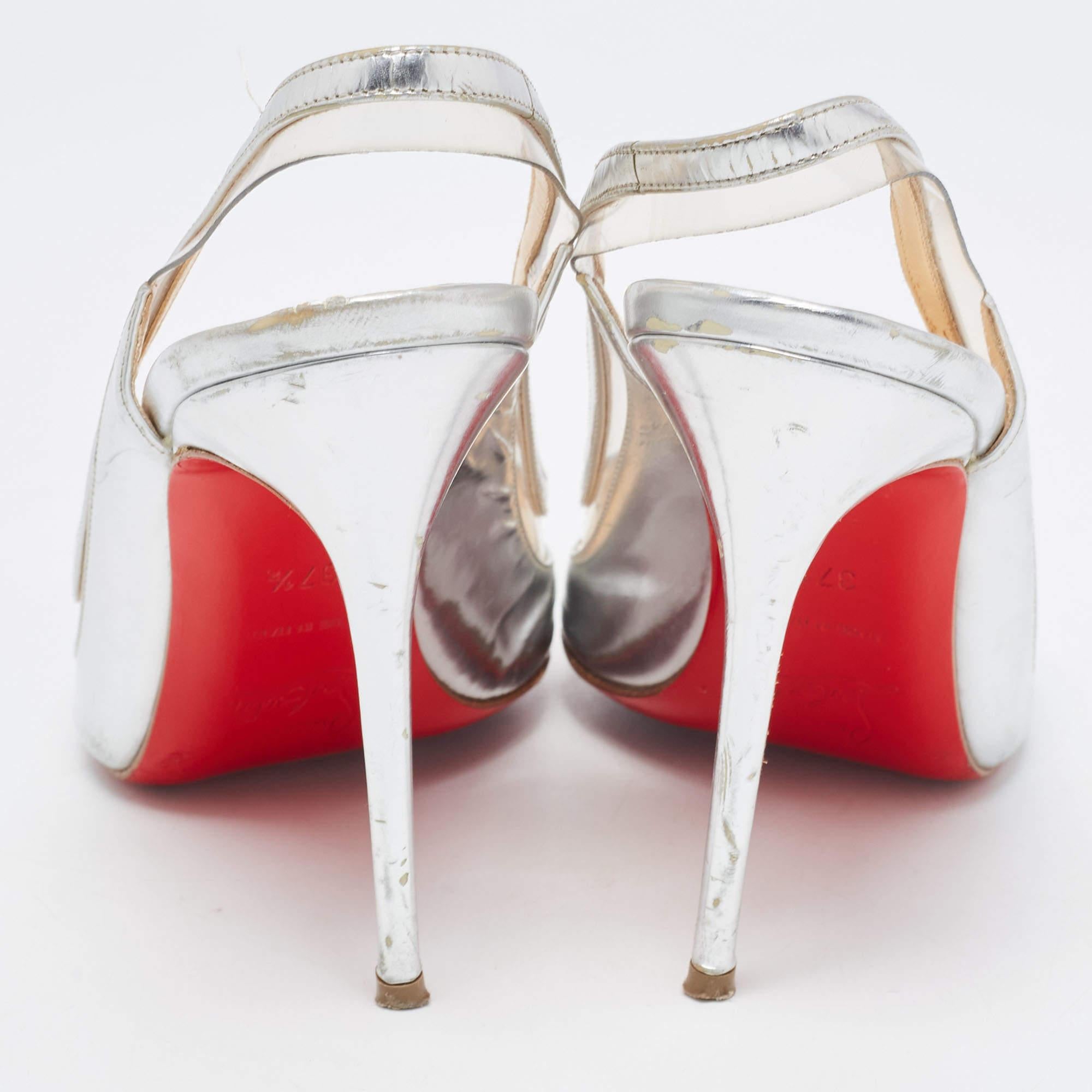Christian Louboutin Silver Leather and PVC Paulina Slingback Pumps Size 37.5 For Sale 3