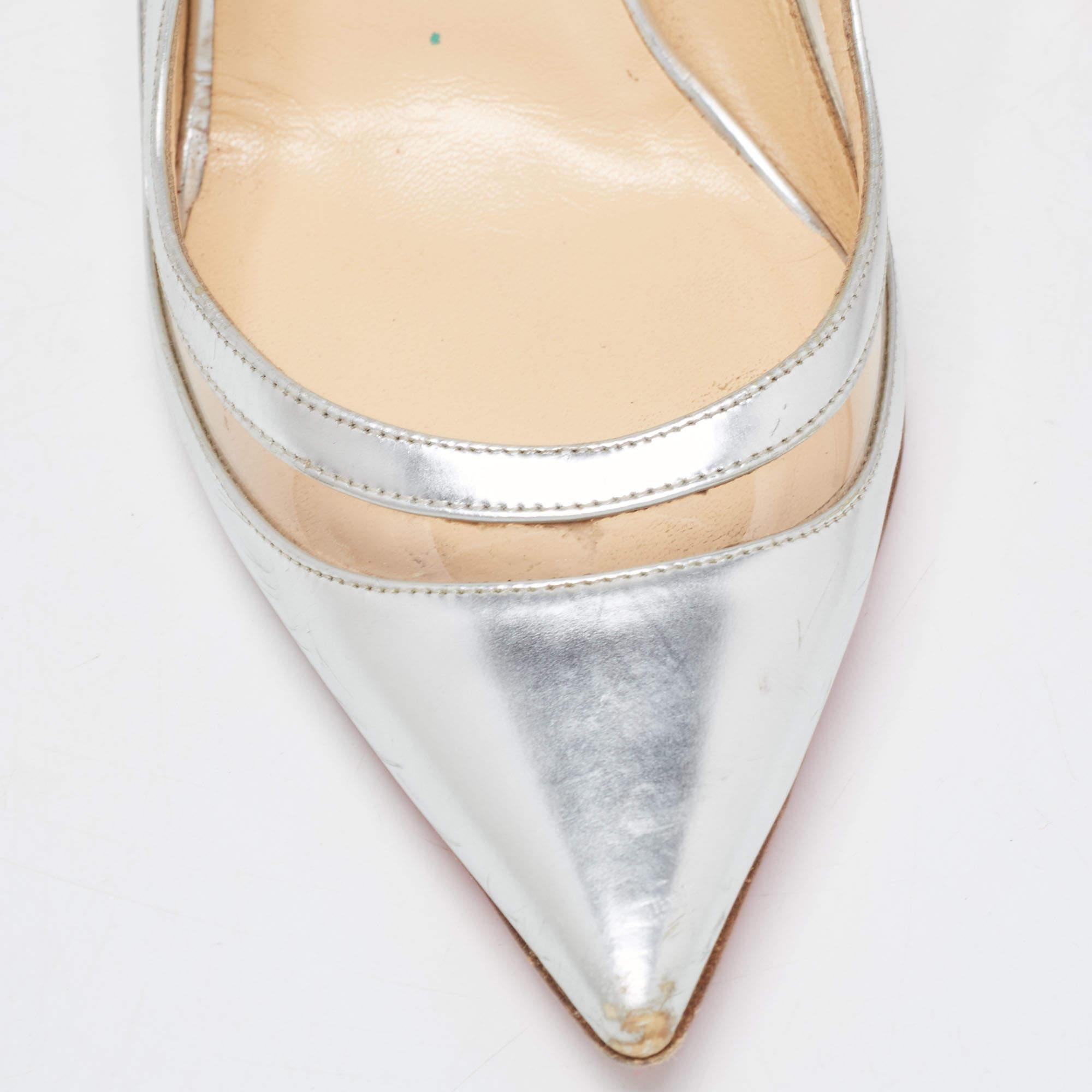 Christian Louboutin Silver Leather and PVC Paulina Slingback Pumps Size 37.5 For Sale 4
