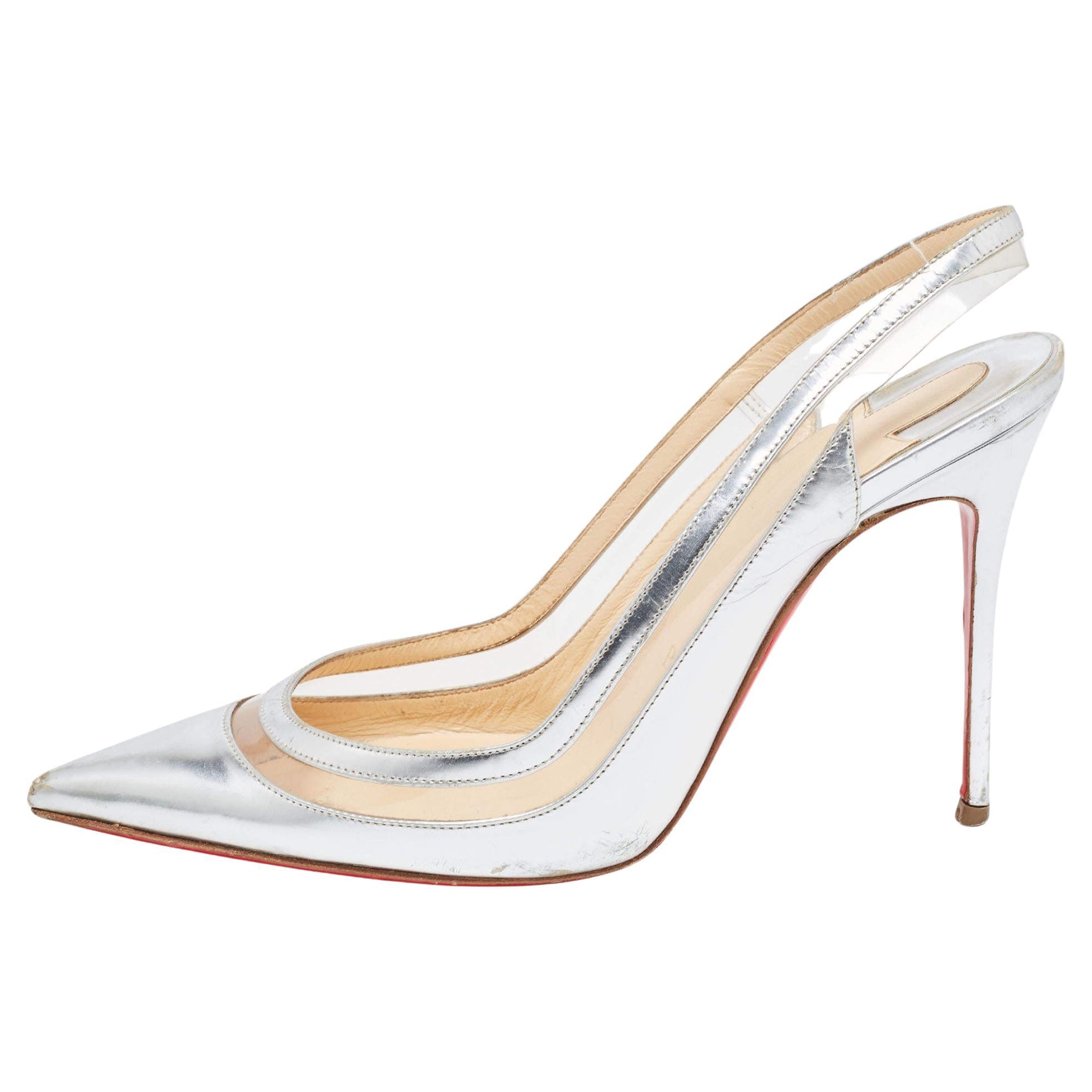 Christian Louboutin Silver Leather and PVC Paulina Slingback Pumps Size 37.5 For Sale