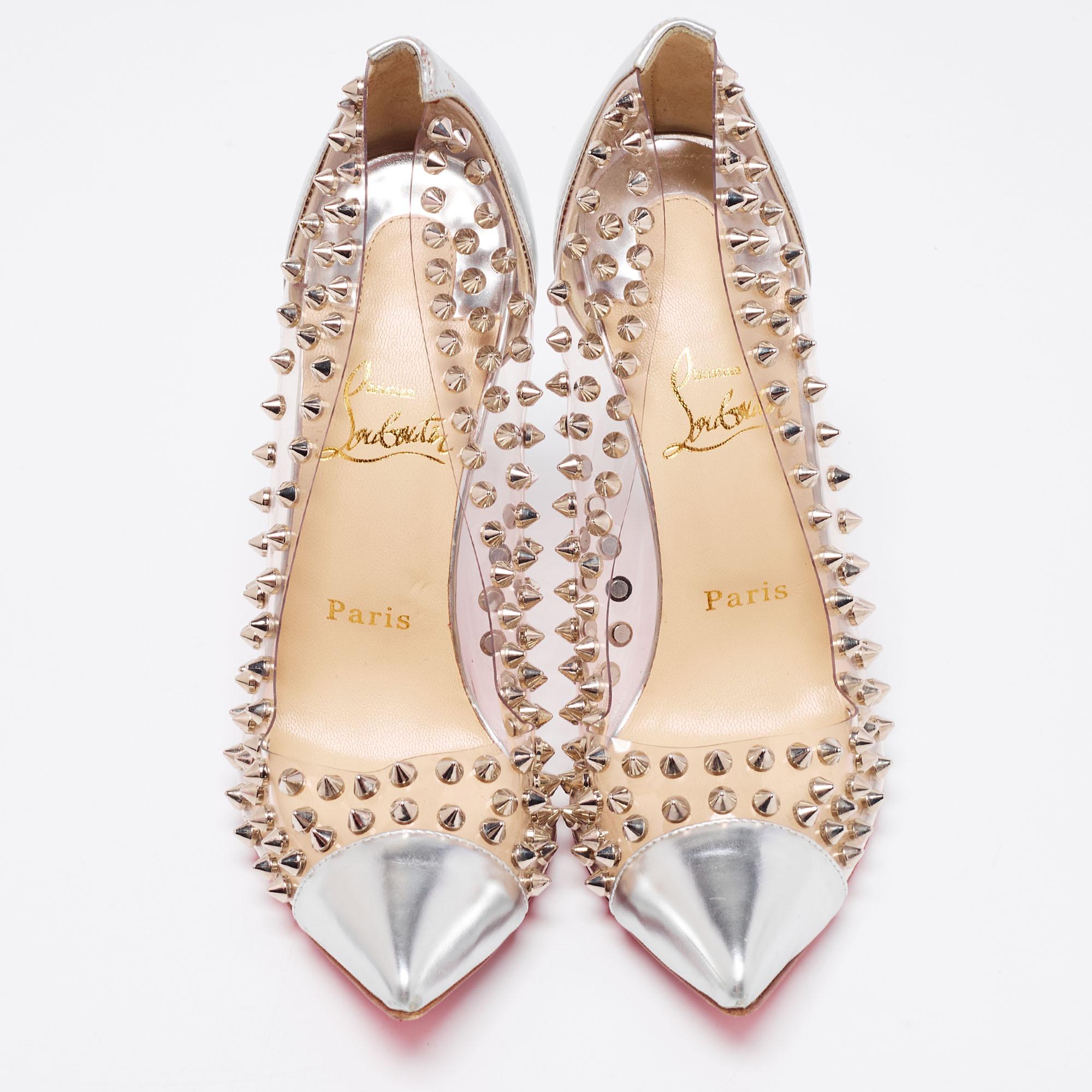 Beige Christian Louboutin Silver Leather and PVC Spike Me Pumps Size 38