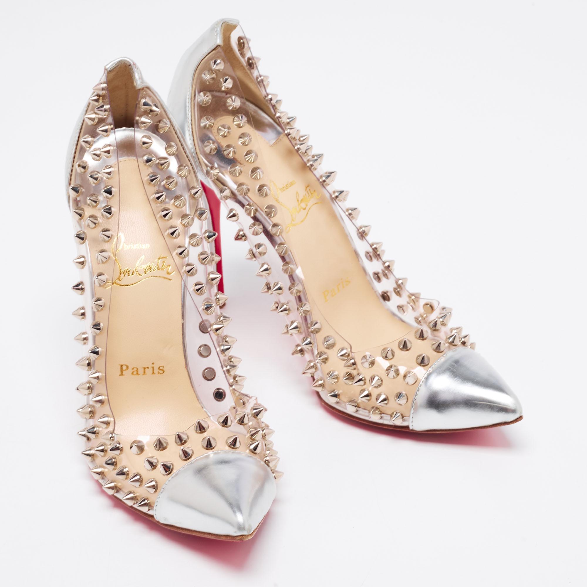 Christian Louboutin Silver Leather and PVC Spike Me Pumps Size 38 In Good Condition In Dubai, Al Qouz 2