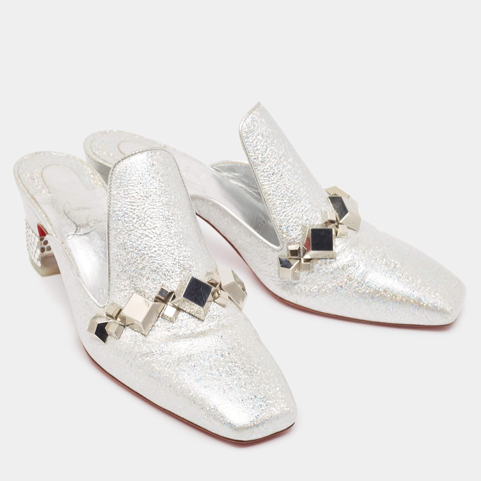 Women's Christian Louboutin Silver Leather Crystal Embellished Aquallia Mules Size 37