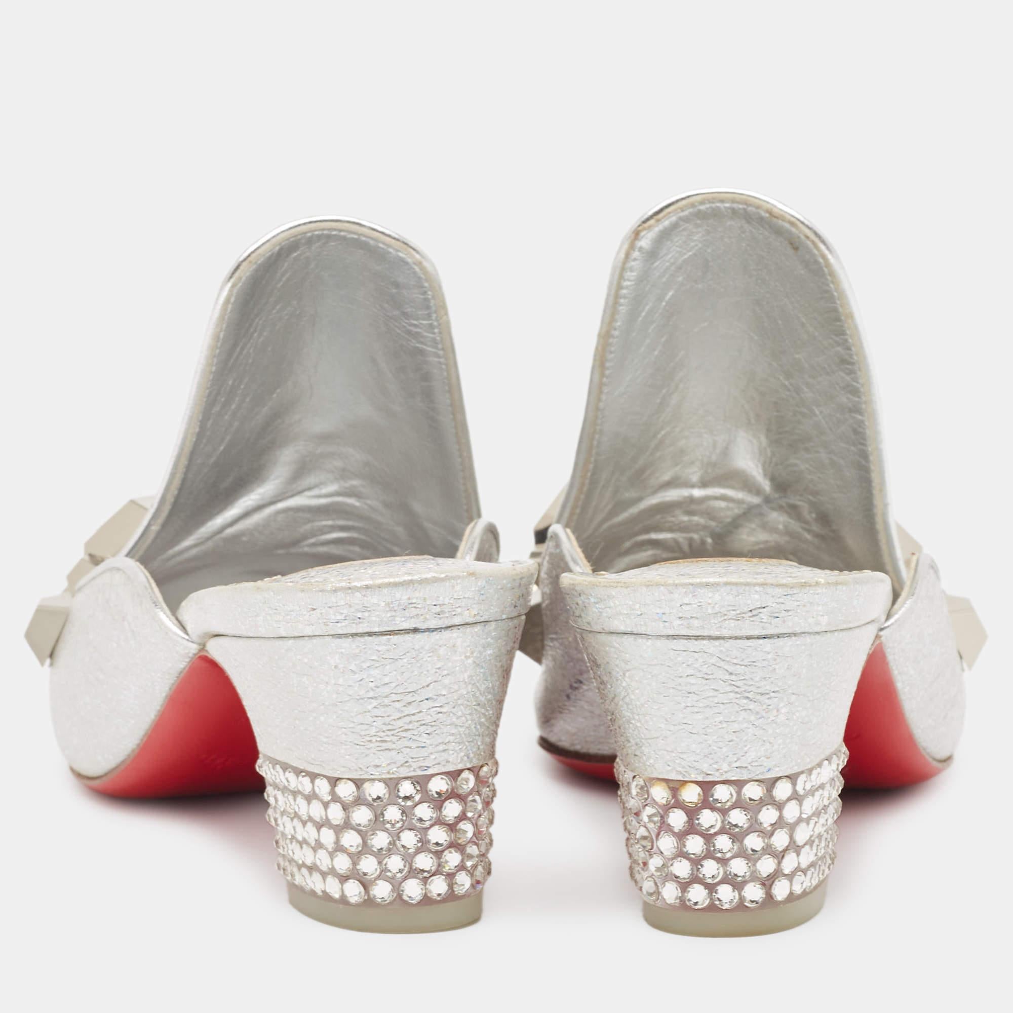 Christian Louboutin Silver Leather Crystal Embellished Aquallia Mules Size 37 1