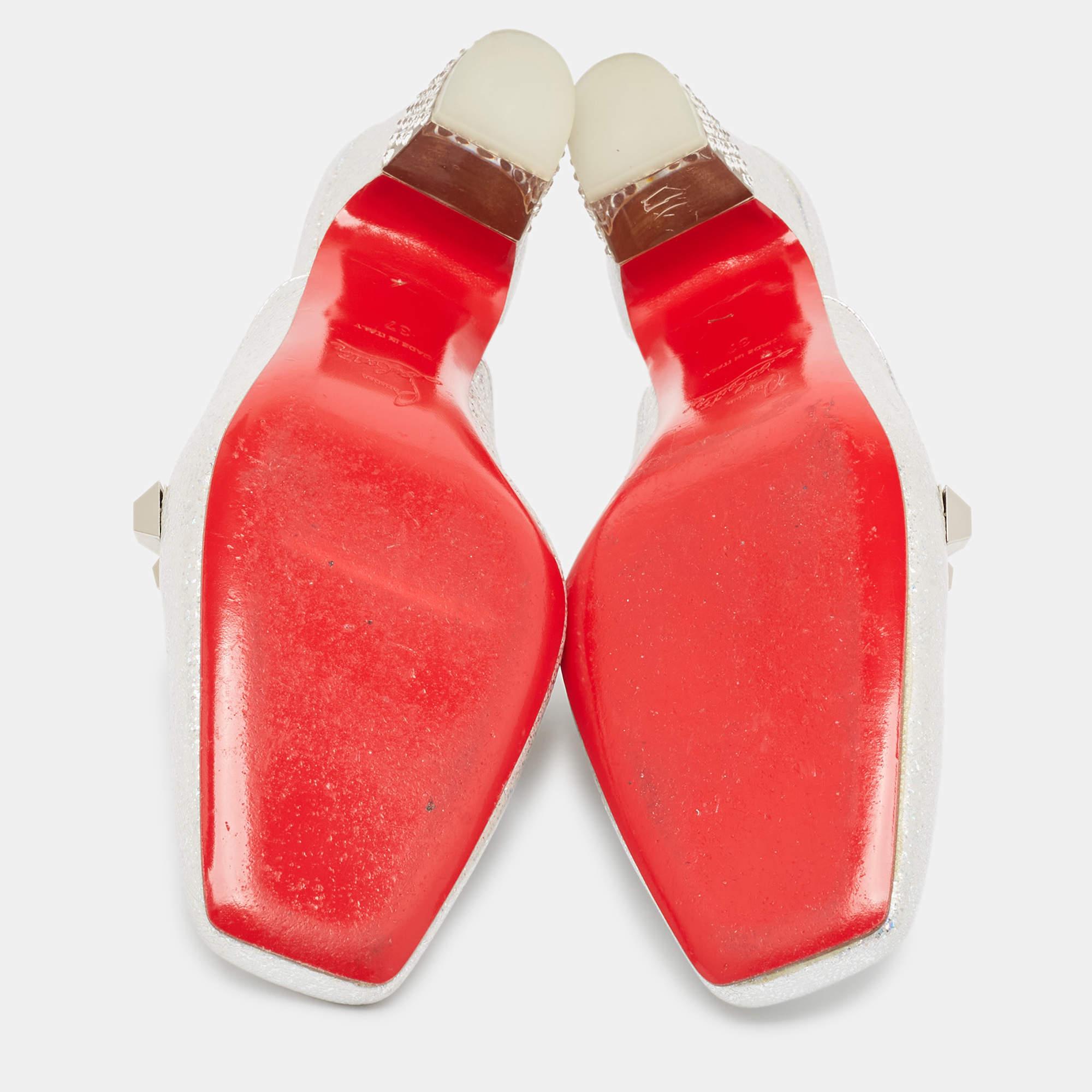 Christian Louboutin Silver Leather Crystal Embellished Aquallia Mules Size 37 2