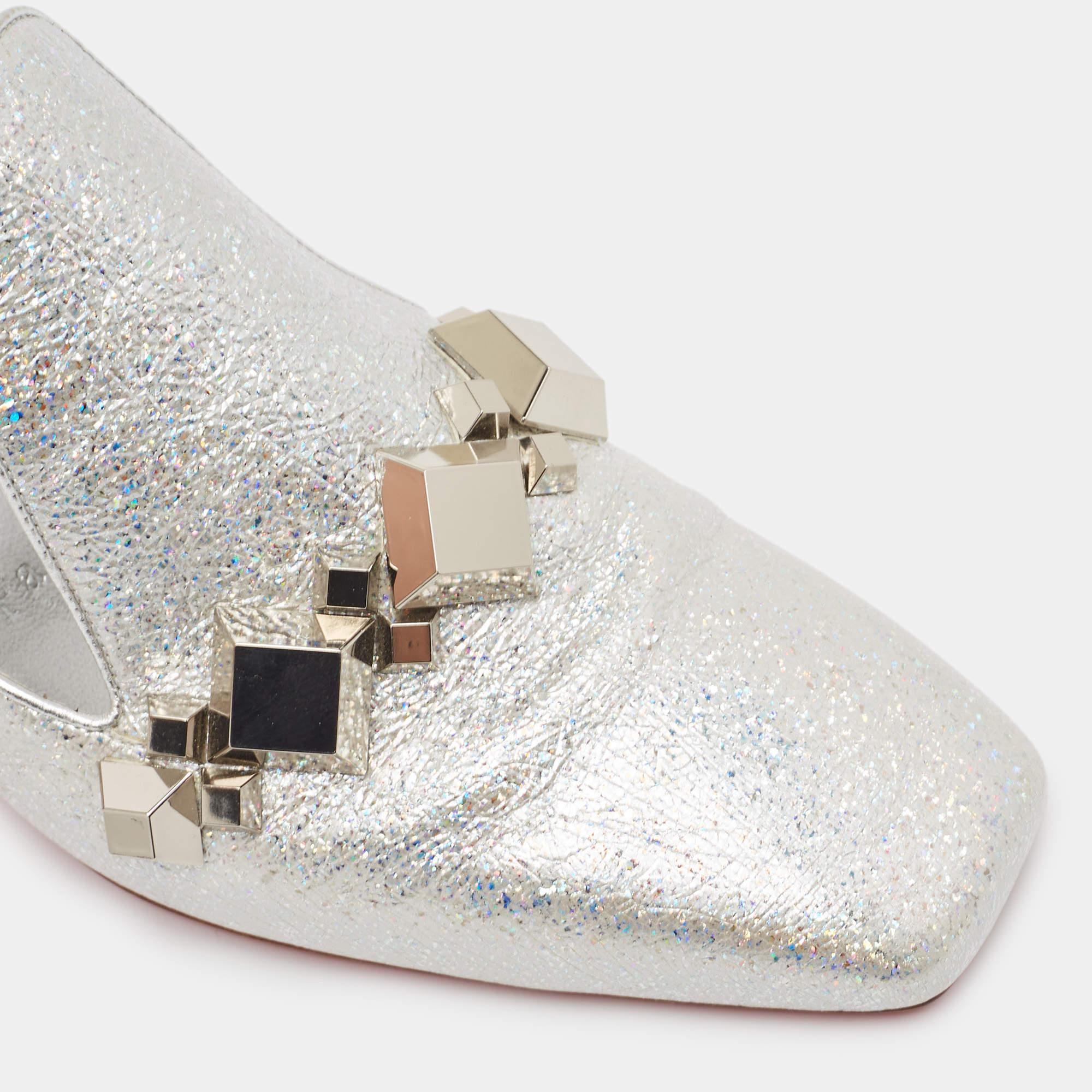 Christian Louboutin Silver Leather Crystal Embellished Aquallia Mules Size 37 4