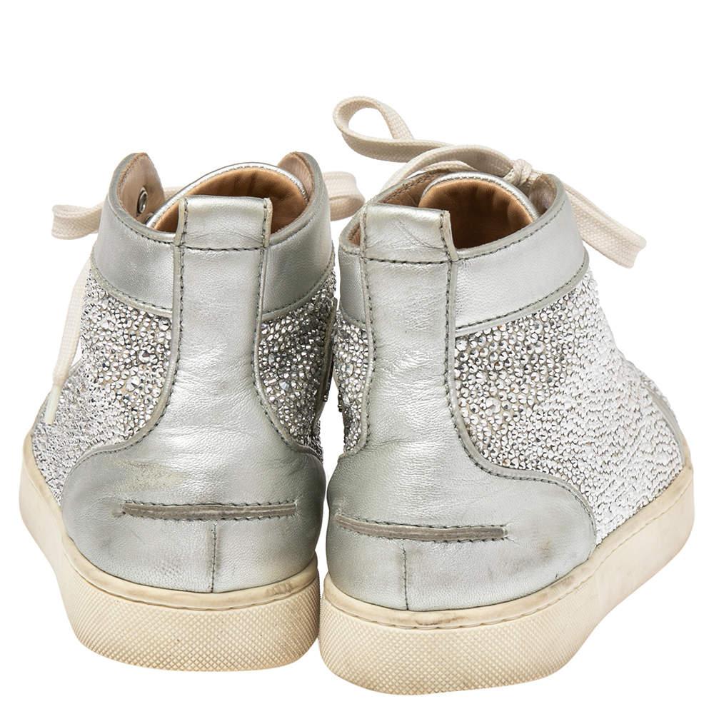 Christian Louboutin Silver Leather Crystal Louis Spikes High-Top Size 38.5 In Good Condition For Sale In Dubai, Al Qouz 2