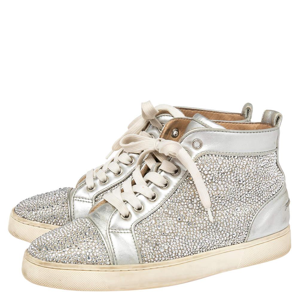 Women's Christian Louboutin Silver Leather Crystal Louis Spikes High-Top Size 38.5 For Sale