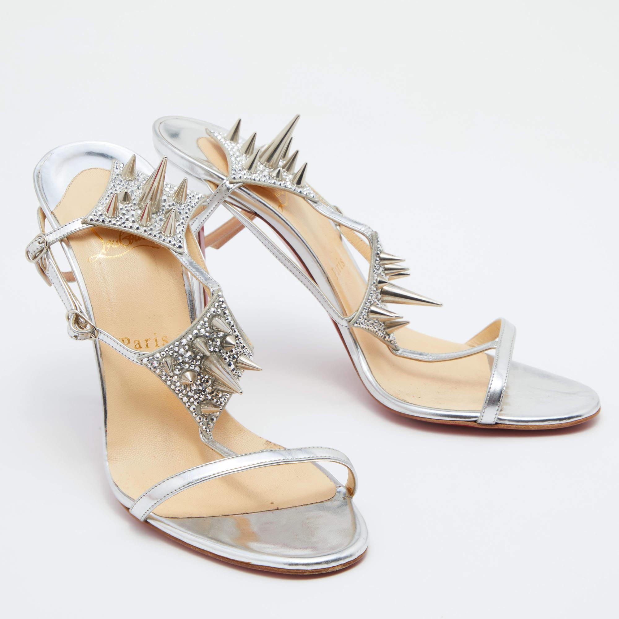 Women's Christian Louboutin Silver Leather Lady Max Spike Ankle Strap Sandals Size 39.5