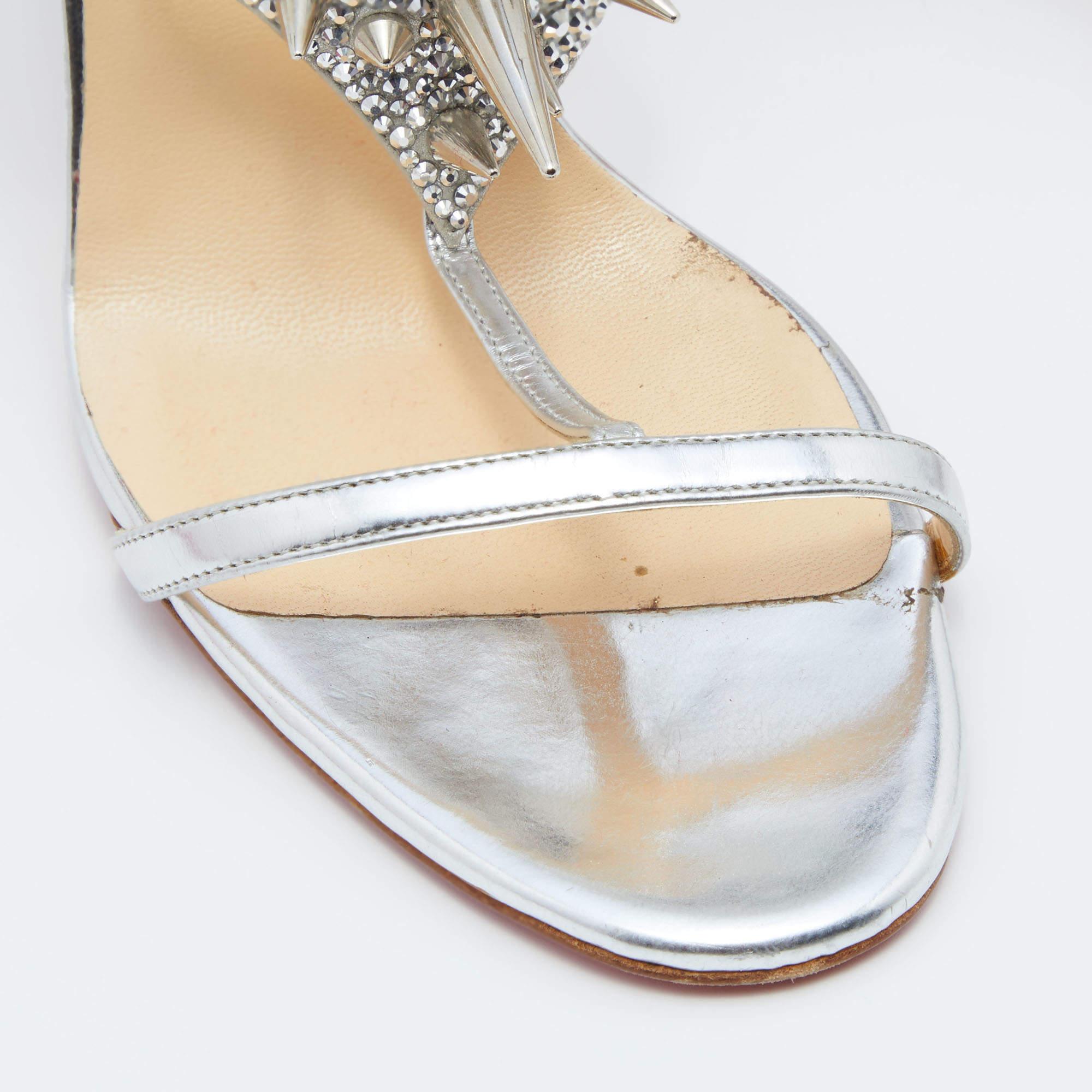 Christian Louboutin Silver Leather Lady Max Spike Ankle Strap Sandals Size 39.5 1