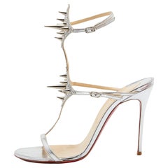 Christian Louboutin Silver Leather Lady Max Spike Ankle Strap Sandals Size 39.5