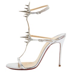 Christian Louboutin Silberne Leder Lady Max Spike Knöchelriemen-Sandalen Größe 39,5