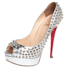 Christian Louboutin Silver Leather Lady Peep Toe Spikes Pumps Size 38