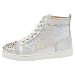 Christian Louboutin Silver Leather Lou Spikes High Top Sneakers Size 37