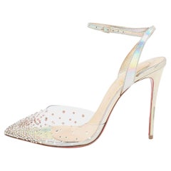 Christian Louboutin Silver Leather Spikaqueen Ankle Strap Sandals Size 38.5