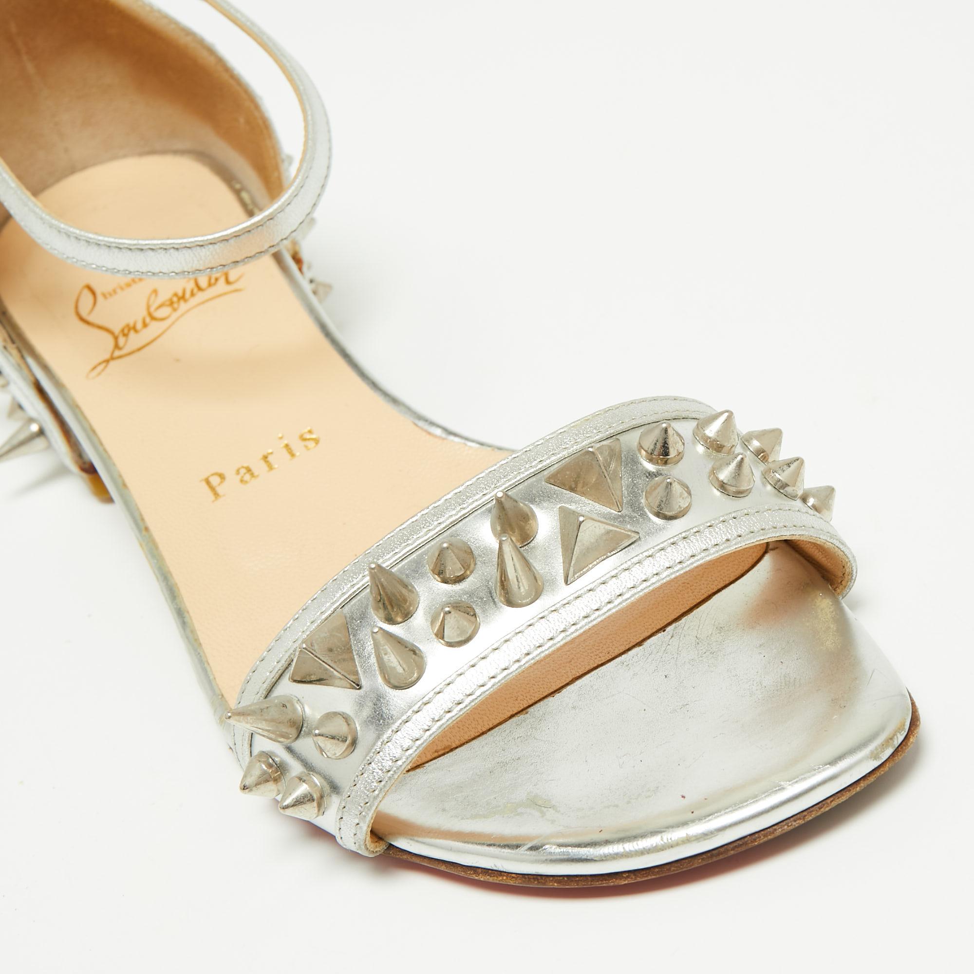 Christian Louboutin Silver Leather Studded Druide Ankle-Strap Sandals Size 35.5 For Sale 2